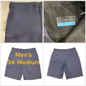 Men's PGA Tour 34 Medium Chino Khakis Shorts Golf Blue Grid Lightweight 5 Pocket